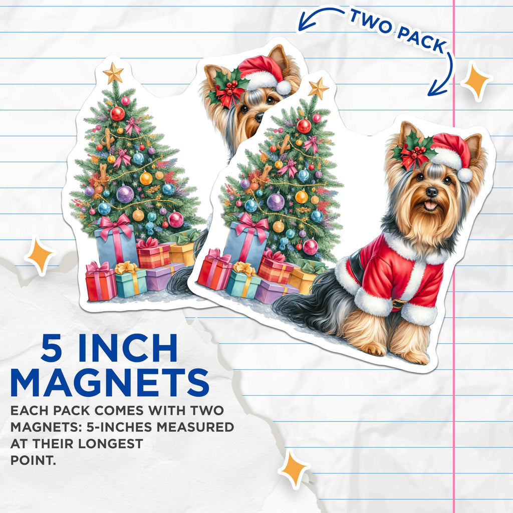(2 Pack) Yorkie Christmas Magnets - Santa Dog Holiday Decor - Pet Lover Festive Accessories - 5 Inches On Longest Side - Thick Durable Magnet - Made in USA - MAG25046