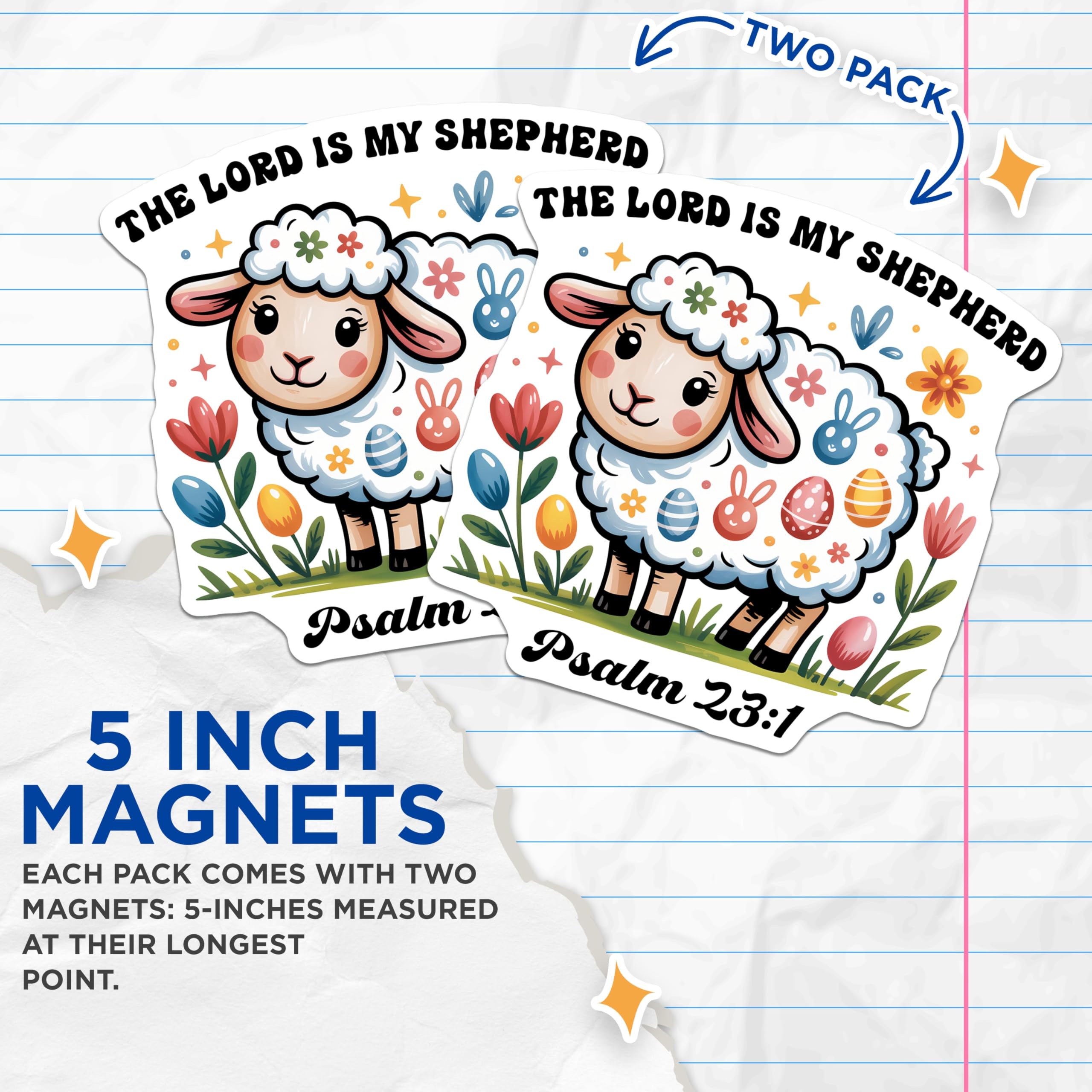 (2 Pack) Sheep Easter Magnets - The Lord is My Shepherd - Psalm 23 1 Religious Decor - 5" On Longest Side - Premium Magnet - for Cars, Refrigerators, Toolboxes, Lockers - Made in USA - MAG16281