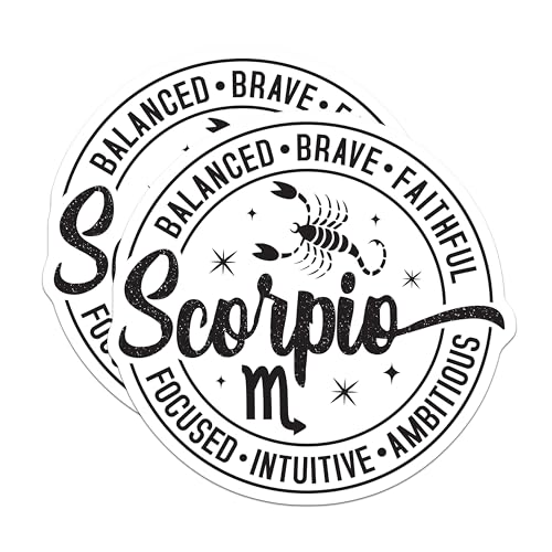 (2 Pack) Scorpio Zodiac Sticker - Astrological Sign Sticker - Scorpio Horoscope Decal - Motivational Zodiac Sign Stickers - 5" On Longest Side - Sticks to Smooth Flat Surfaces - Made in USA - BMCS5296