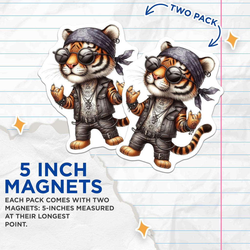 (2 Pack) Rocker Tiger Magnets - Cool Cat Art - Unique Kitchen Fridge Decor - 5" On Longest Side - Sticks to Smooth Flat Surfaces - Made in USA - MAG10678