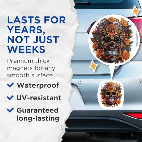 (2 Packs) Gothic Skulls with Orange Rose Magnets - Skull and Rose Design Magnets - 5 Inches On Longest Side - Premium Magnet - for Fridges, Toolboxes, Cars - Made in USA - MAG2304