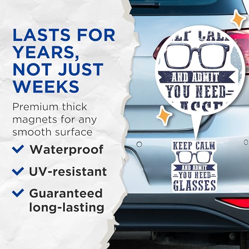 (2 Pack) Keep Calm And Admit You Need Glasses Magnets - Funny Quote - Geek Humor - Office Decor - Self-Awareness - Eyewear Joke - 5" On Longest Side - for Cars, Fridges, Toolboxes - Made in USA - MAG8