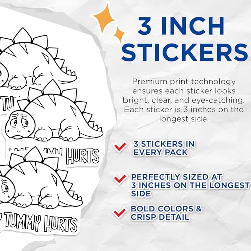(3 Pack) My Tummy Hurts Decals - Sad Dinosaur - Funny Laptop Decals- 3 Inches On Longest Side - Easy Peel & Apply - Made in USA - 3MCS5506