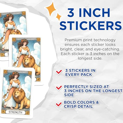 (3 Pack) Strength Tarot Card Decals - Lady and Lion Decal - Laptop Decals - 3 Inches On Longest Side - Easy Peel & Apply - Made in USA - 3MCS1132