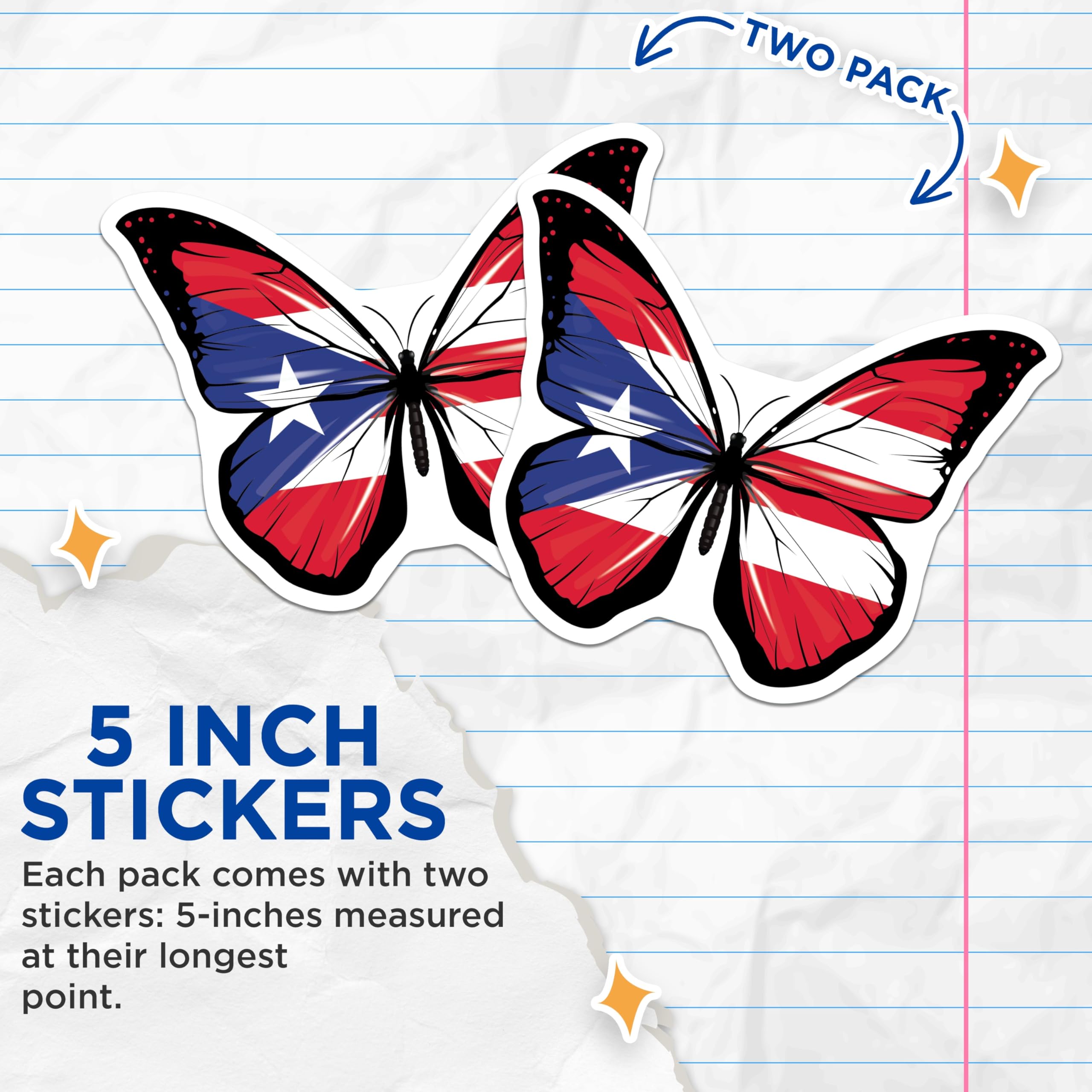 (2 Pack) Puerto Rico Flag Butterfly Stickers - Boricua Pride - National Flag Art - 5" On Longest Side - Sticks to Smooth Flat Surfaces - Made in USA - BMCS17365