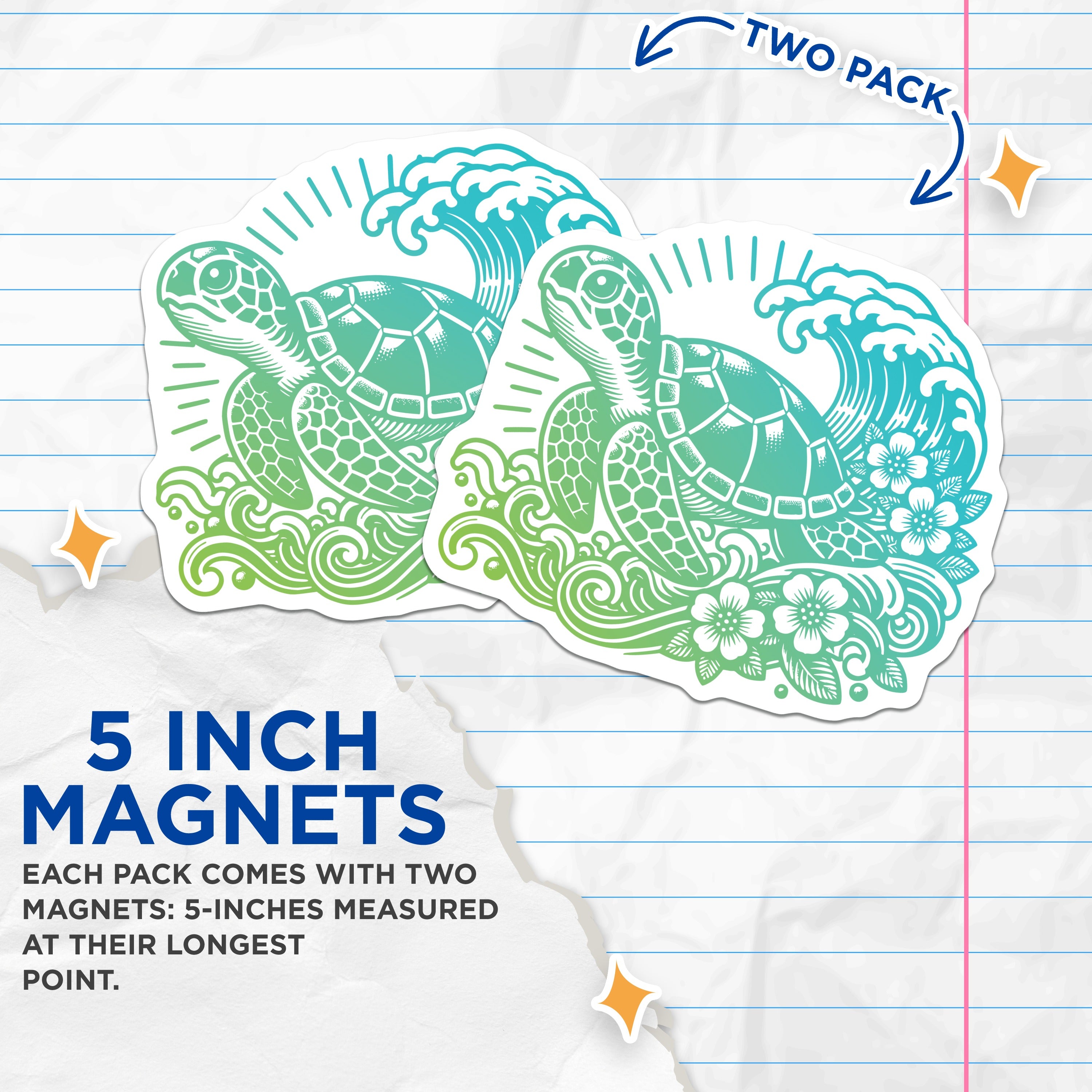 (2 Pack) Hawaiian Sea Turtle Magnets - Ocean Wave Design - Tropical Fridge Decor - Coastal Aesthetic Nature Lover - 5 Inches On Longest Side - Thick Durable Magnet - Made in USA - MAG39290