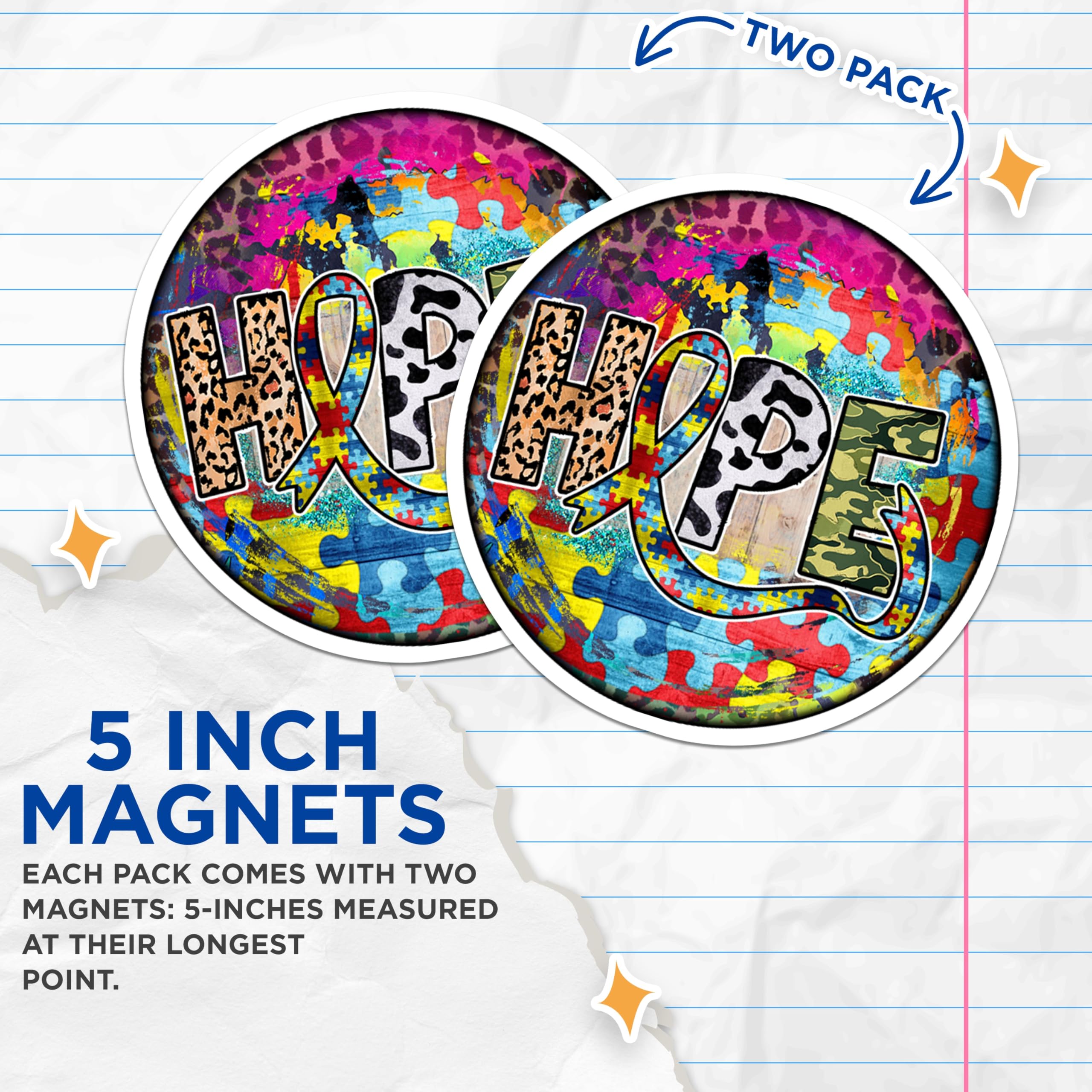 (2 Pack) Hope Autism Awareness Magnets - Puzzle Piece Ribbon Art - Diverse Pattern Colorful Design - 5 Inches On Longest Side - Thick Durable Magnet - Made in USA - MAG24940