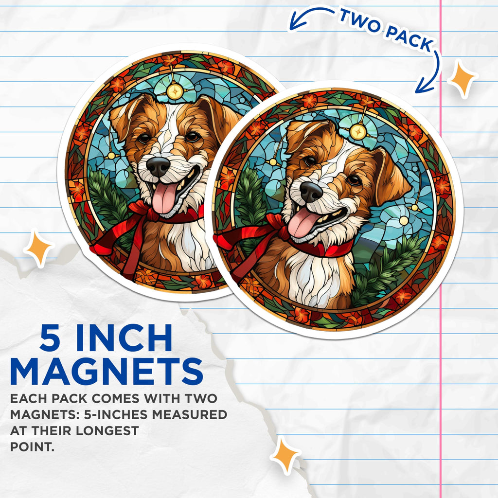 (2 Pack) Stained Glass Dog Magnets - Christmas Pet Art - Festive Refrigerator Decor - 5 Inches On Longest Side - Thick Durable Magnet - Made in USA - MAG27288