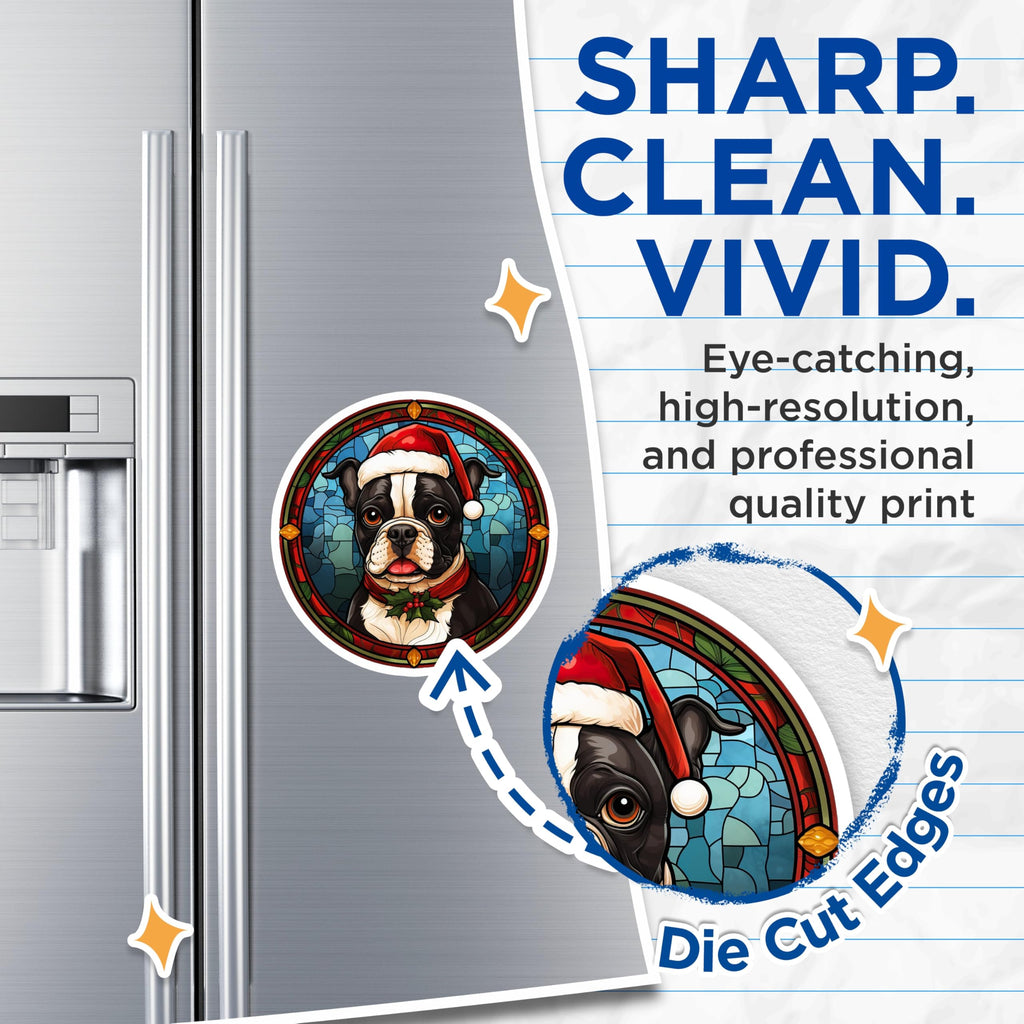 (2 Pack) Boston Terrier Christmas Magnets - Faux Stained Glass Dog Art - Holiday Refrigerator Decor for Pet Owners - 5 Inches On Longest Side - Thick Durable Magnet - Made in USA - MAG27861