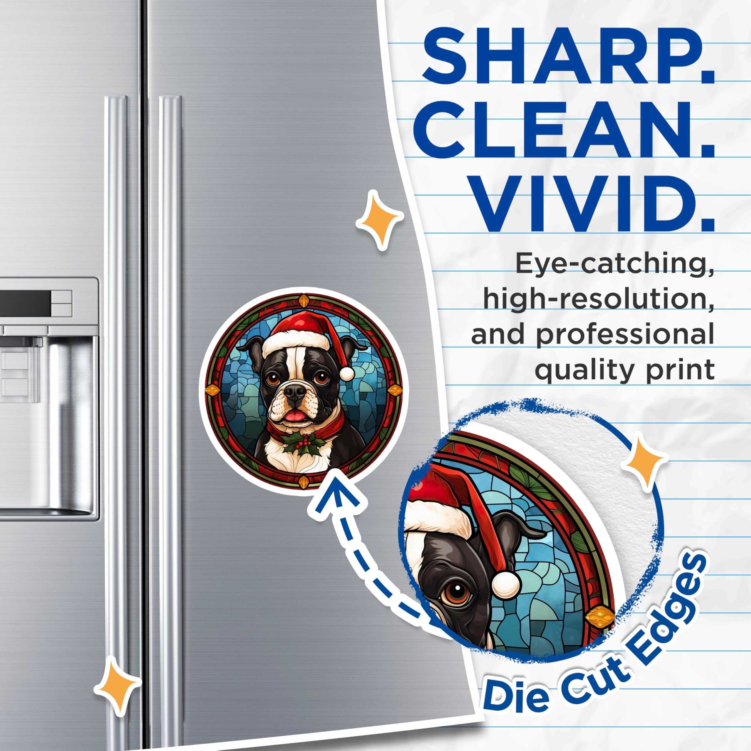 (2 Pack) Boston Terrier Christmas Magnets - Faux Stained Glass Dog Art - Holiday Refrigerator Decor for Pet Owners - 5 Inches On Longest Side - Thick Durable Magnet - Made in USA - MAG27861