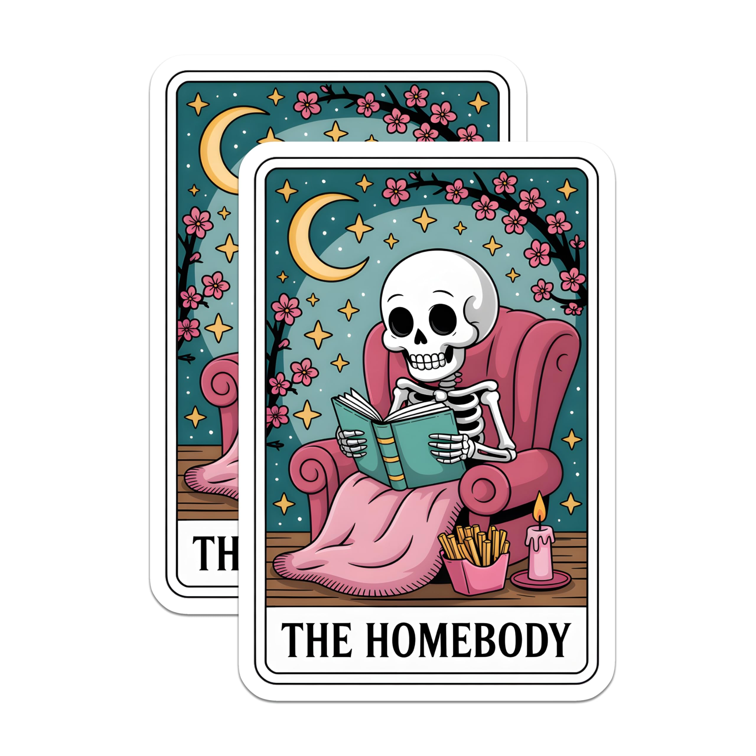 (2 Pack) Homebody Skeleton Magnets - Tarot Card Aesthetic - Cozy Reading Bookworm Decor - Moon Stars Cherry Blossom - 5 Inches On Longest Side - Thick Durable Magnet - Made in USA - MAG22917