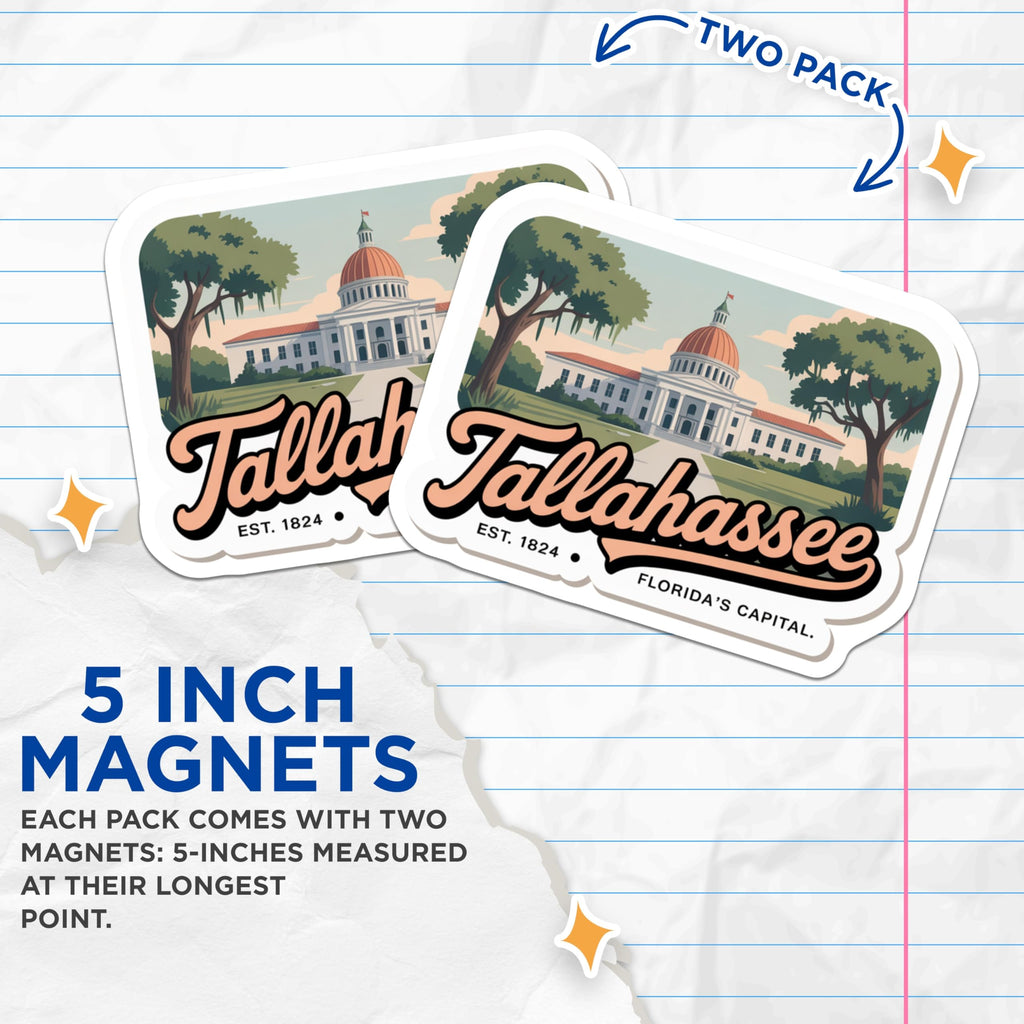 (2 Pack) Tallahassee Florida Magnets - State Capital Souvenir - Travel Fridge Decor - 5" On Longest Side - Premium Magnet - for Cars, Refrigerators, Toolboxes, Lockers - Made in USA - MAG18491