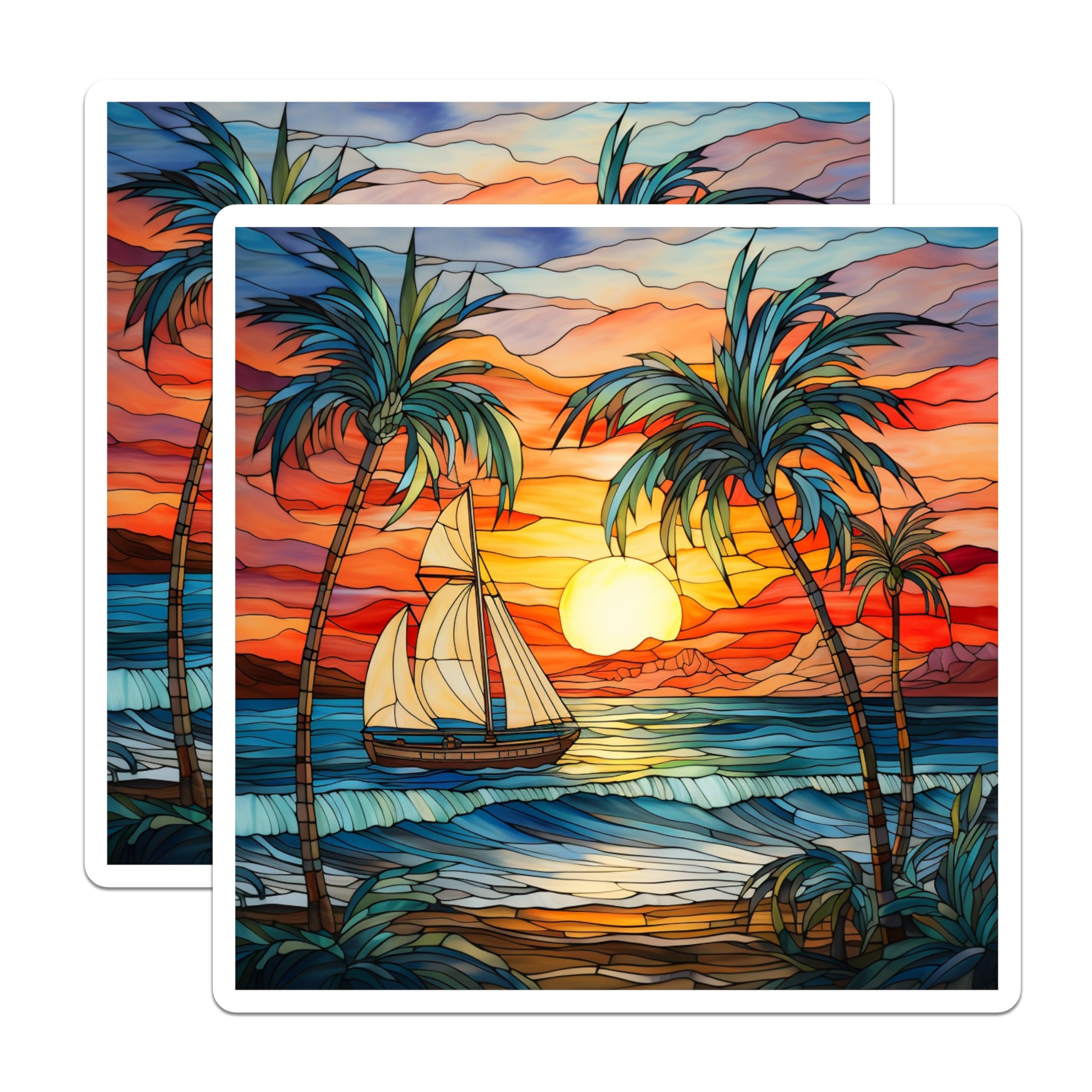 (2 Pack) Stained Glass Sunset Magnets - Tropical Beach Decor - Ocean Sailboat Art - Coastal Vibes - 5 Inches On Longest Side - Thick Durable Magnet - Made in USA - MAG25854