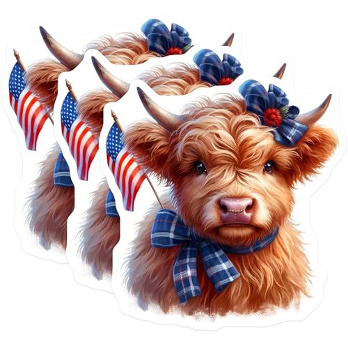 (3 Pack) Highland Cow Decals - American Flag - Plaid Bows - Laptop Decal- 3 Inches On Longest Side - Easy Peel & Apply - Made in USA - 3MCS5111