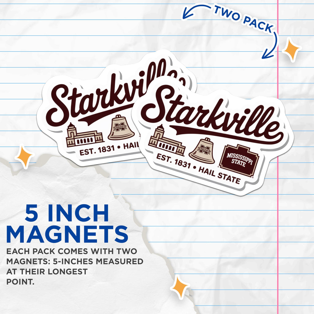 (2 Pack) Starkville Magnets - Mississippi State Bulldog - College Town Pride - 5" On Longest Side - Premium Magnet - for Cars, Refrigerators, Toolboxes, Lockers - Made in USA - MAG17927
