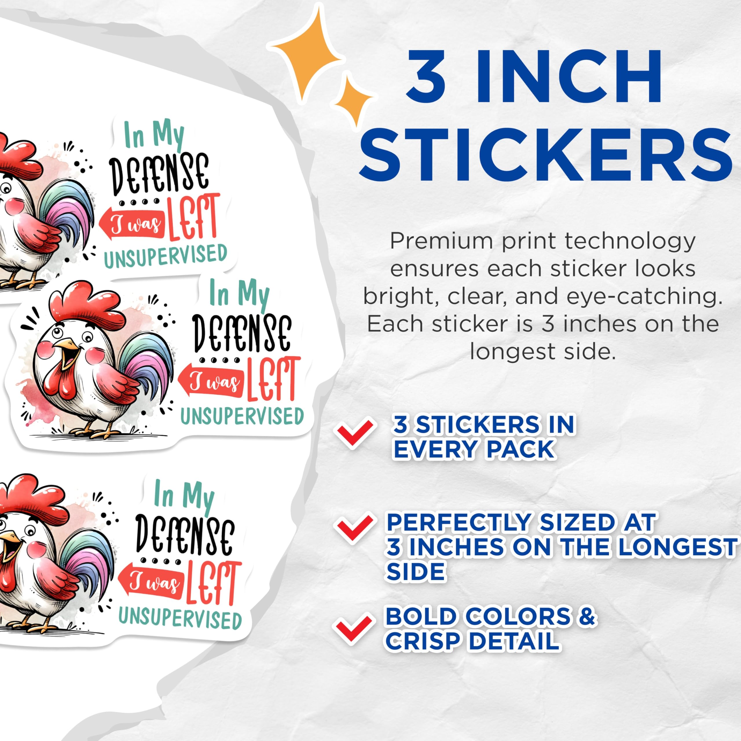(3 Pack) Funny Chicken Decals - Unsupervised Meme Stickers - Laptop Decoration Decals - 3 Inches On Longest Side - Easy Peel & Apply - Made in USA - 3MCS0274