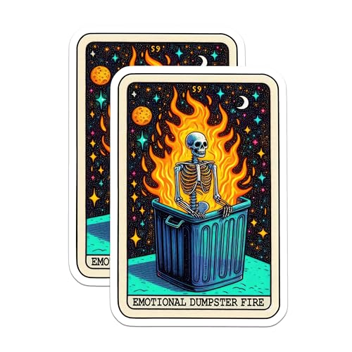 (2 Pack) Emotional Dumpster Fire Stickers - Skeleton Fire Stickers - Funny Illustrated Stickers - 5" On Longest Side - Sticks to Smooth Flat Surfaces - Made in USA - BMCS4859