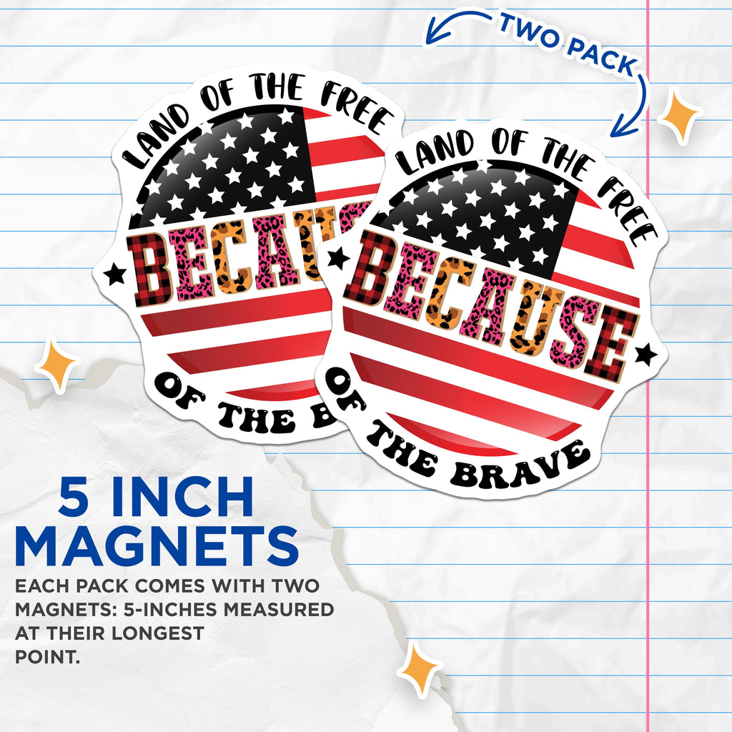 (2 Pack) Land of the Free Magnets - Patriotic Decor - American Flag Design - Leopard Plaid Country Accent - 5 Inches On Longest Side - Thick Durable Magnet - Made in USA - MAG37952