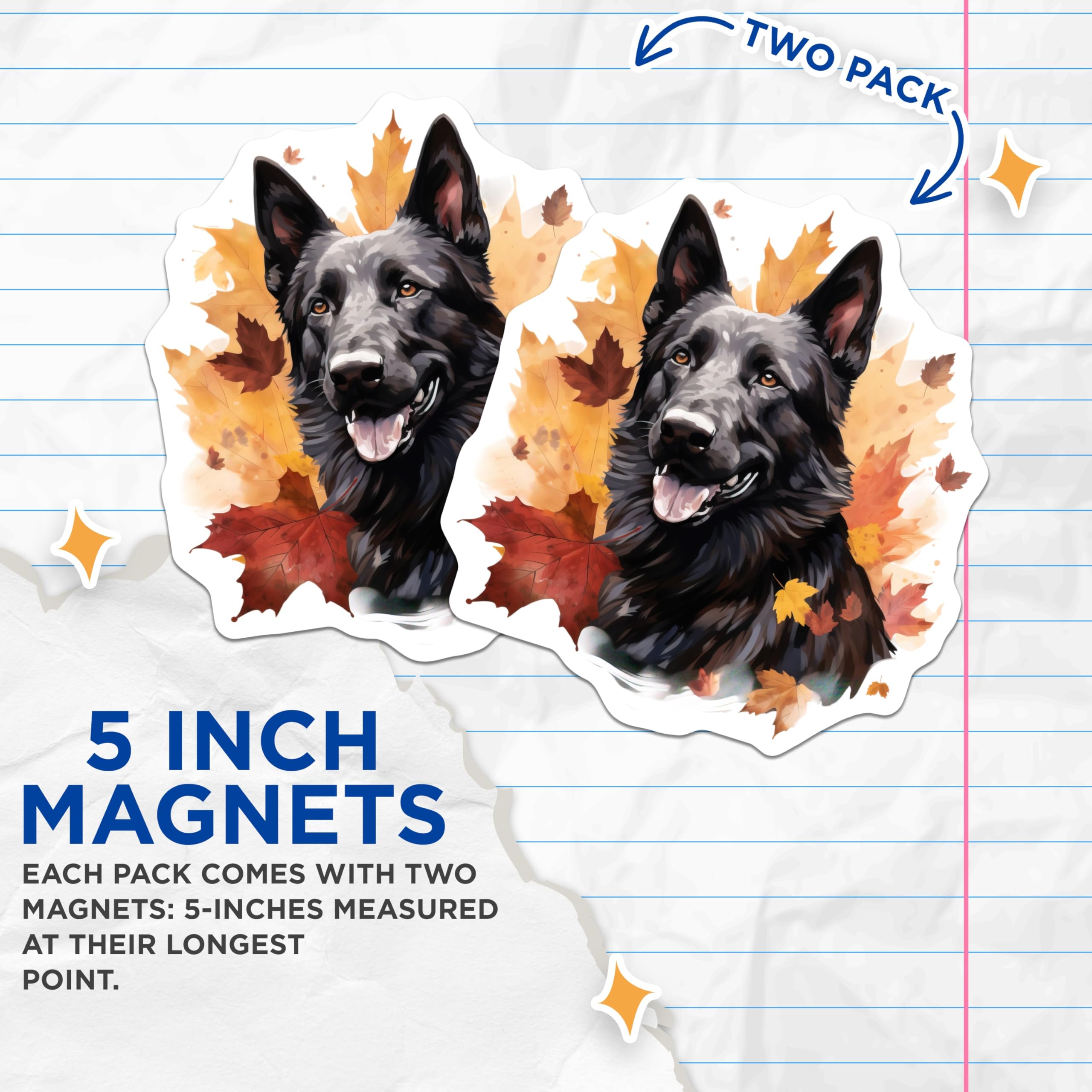 (2 Pack) Black German Shepherd Magnets - Autumn Fall Leaves Art - Majestic Dog Lover Decor - 5 Inches On Longest Side - Thick Durable Magnet - Made in USA - MAG24863