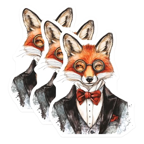 (3 Pack) Fox with Glasses Decals - Fancy Fox Decal - Animal Decals - 3 Inches On Longest Side - Easy Peel & Apply - Made in USA - 3MCS8258