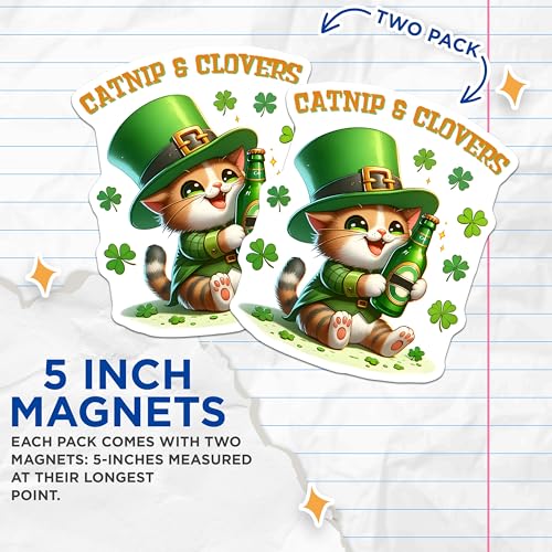 (2 Pack) Catnip and Clovers Magnets - St. Patrick's Day Decor - 5" On Longest Side - for Cars, Fridges, Toolboxes - Made in USA - MAG8114