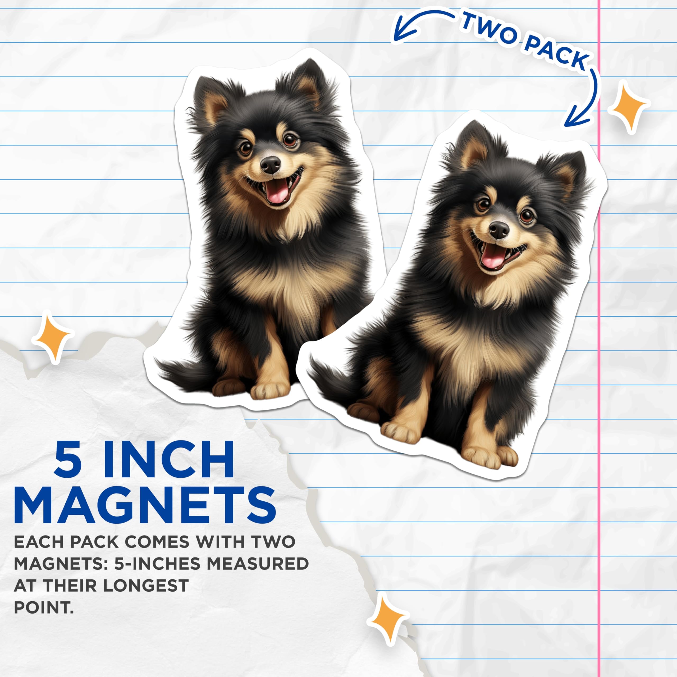 (2 Pack) Black Tan Pomeranian Magnets - Fluffy Pom Puppy Decor - Dog Lover Fridge Art - 5 Inches On Longest Side - Thick Durable Magnet - Made in USA - MAG23832