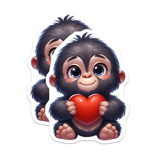 (2 Pack) Cute Baby Gorilla Stickers - Animal Lover Decals - Kawaii Gorilla with Heart Stickers - 5" On Longest Side - Sticks to Smooth Flat Surfaces - Made in USA - BMCS3636