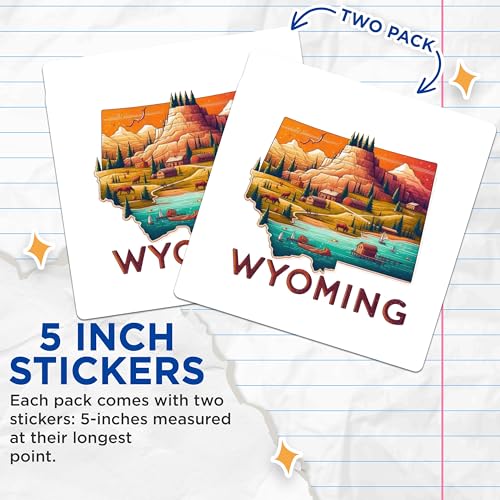 (2 Pack) Wyoming State Sticker - Travel Destination Stickers - Vintage Landscape Art Stickers - 5" On Longest Side - Sticks to Smooth Flat Surfaces - Made in USA - BMCS5568