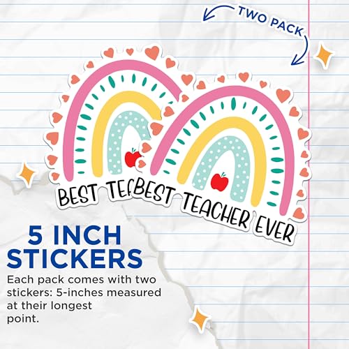 (2 Pack) Best Teacher Ever Stickers - Appreciation Stickers - Thank You Teacher Gifts - 5" On Longest Side - Sticks to Any Smooth Flat Surface - Made in USA - BMCS2858