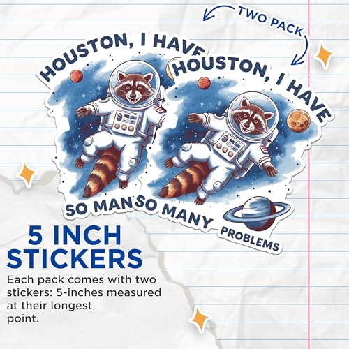 (2 Pack) Raccoon Space Stickers - Funny Animal Astronaut Stickers - Space Theme Humorous Stickers - 5" On Longest Side - Sticks to Any Smooth Flat Surface - Made in USA - BMCS2960
