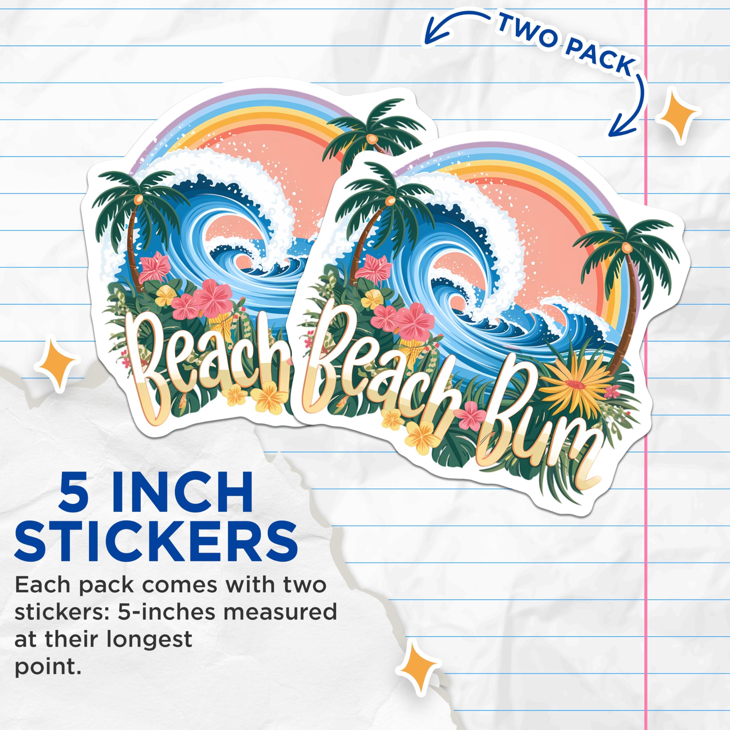 (2 Pack) Beach Bum Stickers - Tropical Surf Wave - Summer Vibes - 5" On Longest Side - Sticks to Smooth Flat Surfaces - Made in USA - BMCS9590