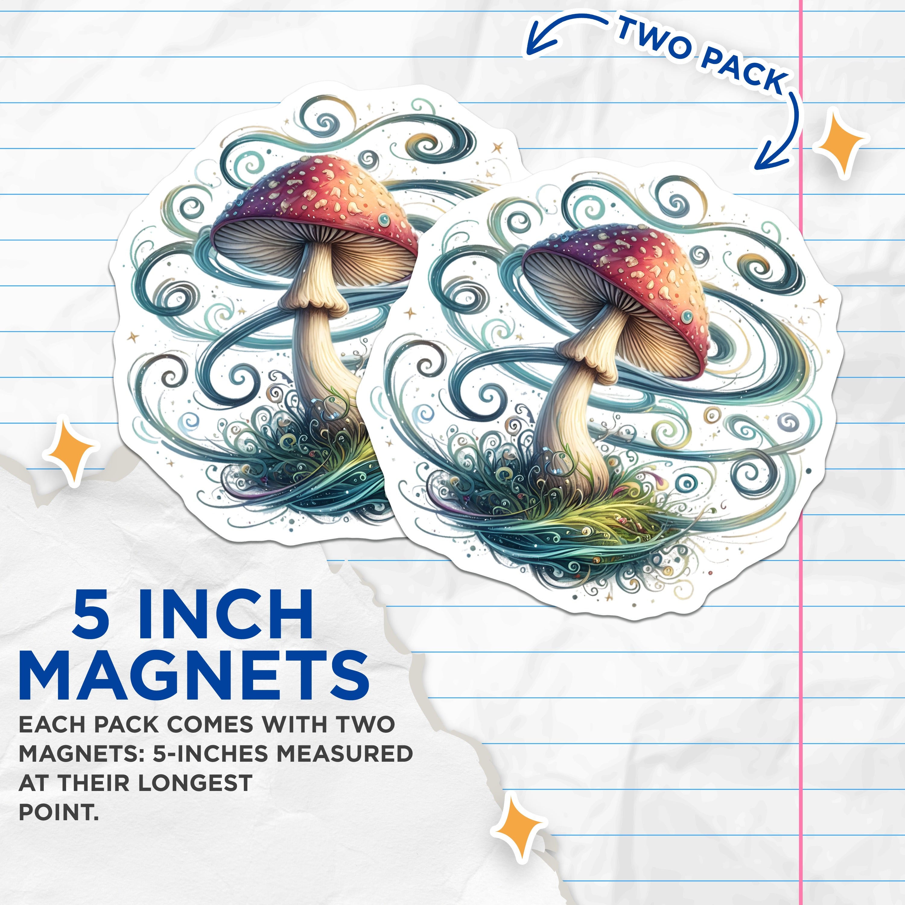 (2 Pack) Whimsical Mushroom Magnets - Fairycore Fantasy Decor - Enchanted Forest Fungi Accessory - 5 Inches On Longest Side - Thick Durable Magnet - Made in USA - MAG37795