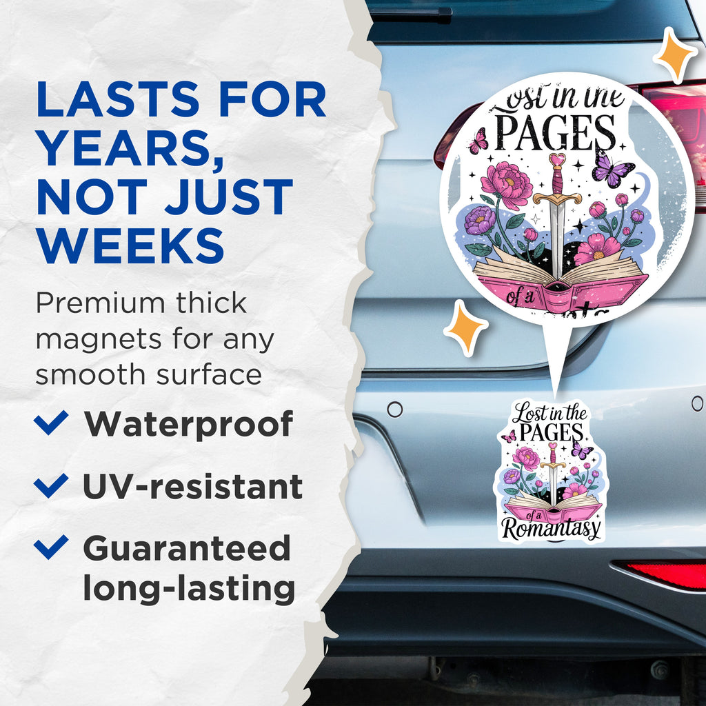 (2 Pack) Romantasy Book Lover Magnets - Lost in Pages Fantasy Decor - Bookworm Reader Accessory - Enchanted Floral Sword Item - 5 Inches On Longest Side - Thick Durable Magnet - Made in USA - MAG39667