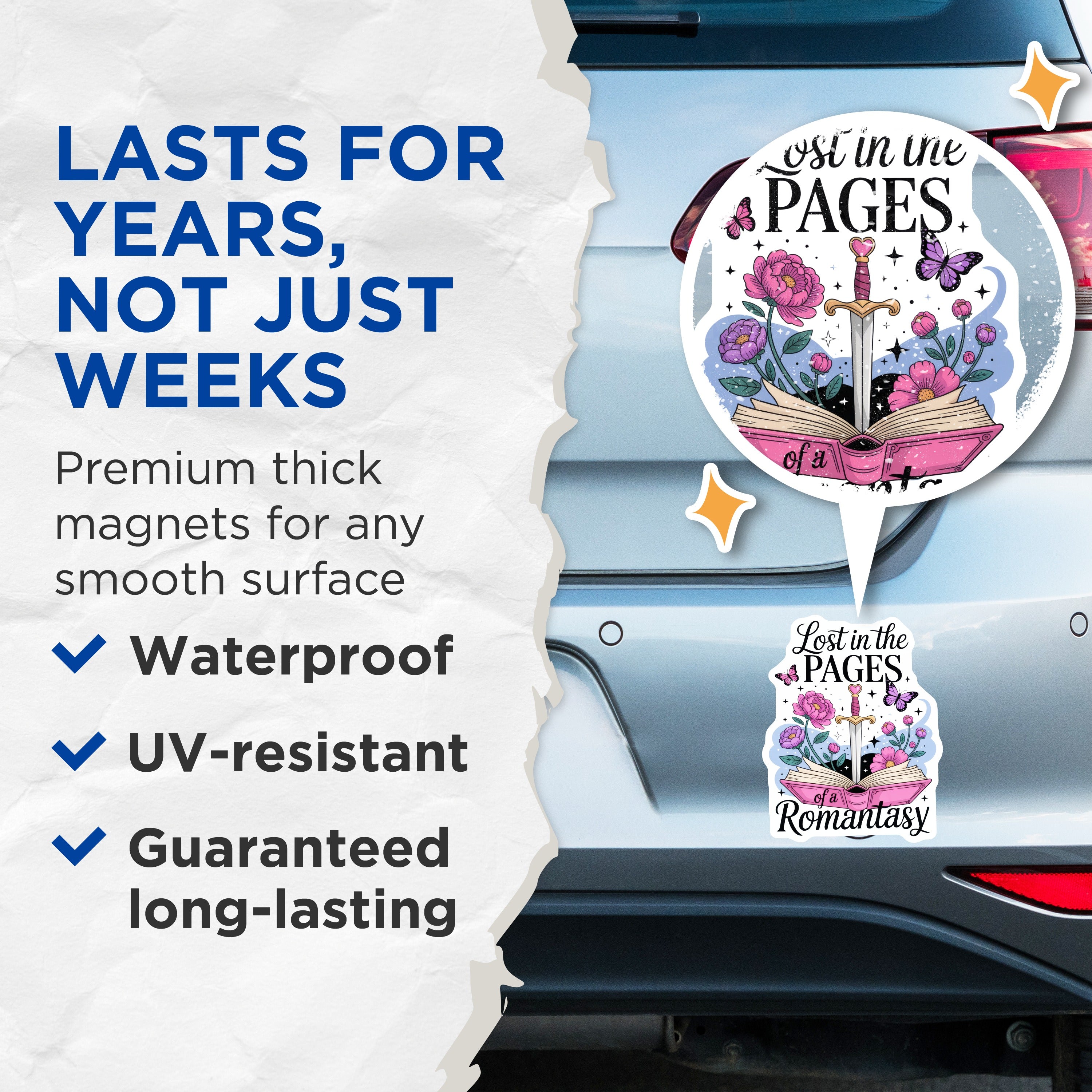 (2 Pack) Romantasy Book Lover Magnets - Lost in Pages Fantasy Decor - Bookworm Reader Accessory - Enchanted Floral Sword Item - 5 Inches On Longest Side - Thick Durable Magnet - Made in USA - MAG39667