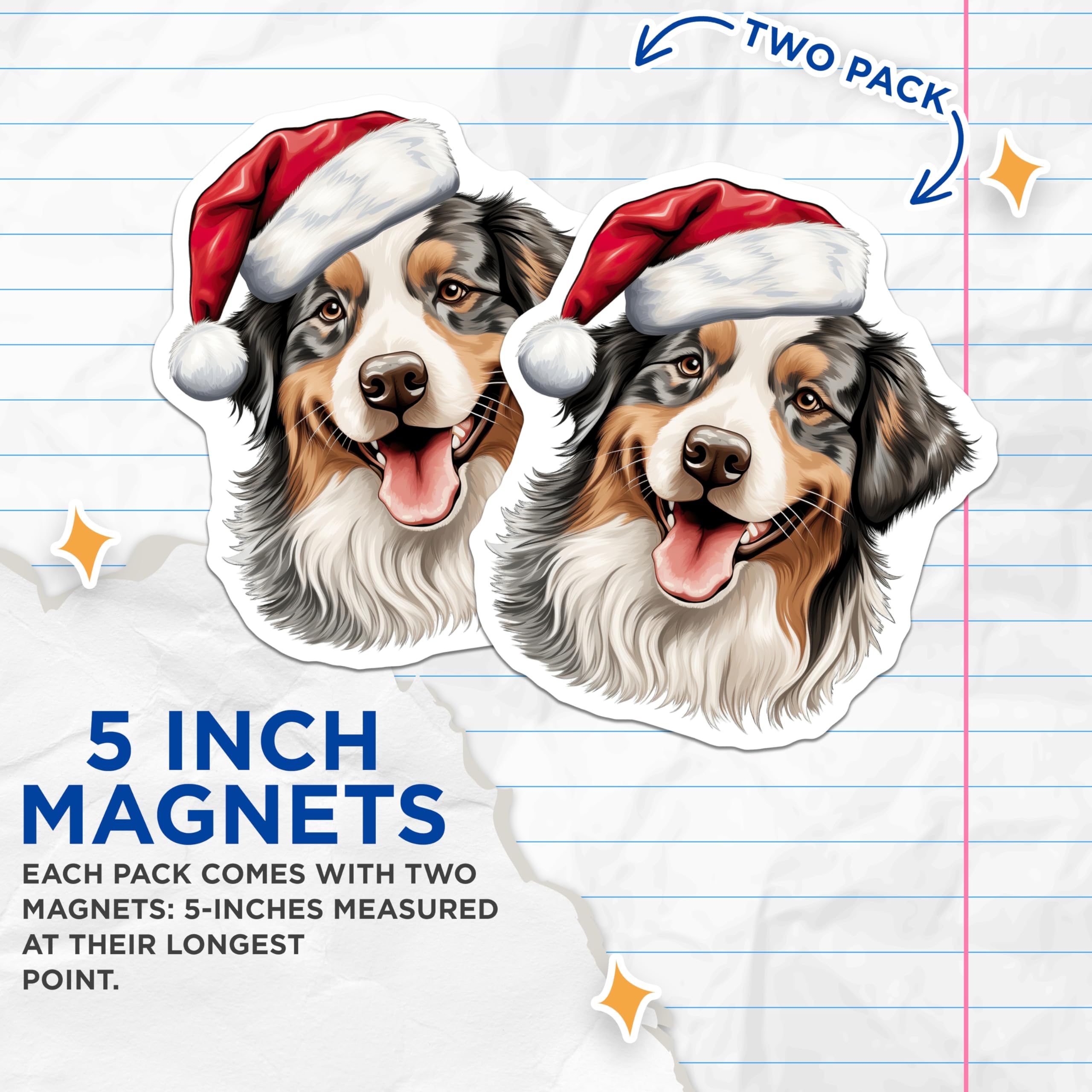 (2 Pack) Australian Shepherd Christmas Magnets - Santa Hat Dog Decor - Holiday Pet Refrigerator Accent - 5 Inches On Longest Side - Thick Durable Magnet - Made in USA - MAG25877