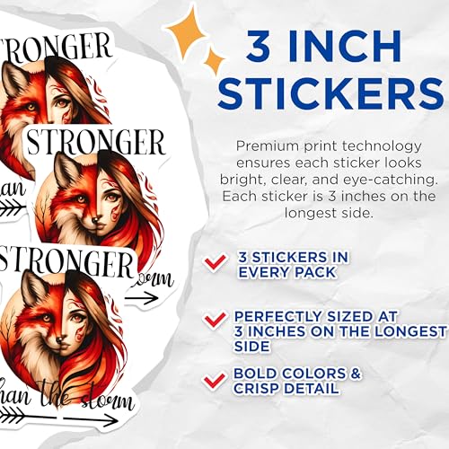 (3 Pack) Fox Girl Decals - Stronger Than The Storm Art - Laptop Decal - 3 Inches On Longest Side - Easy Peel & Apply - Made in USA - 3MCS7998
