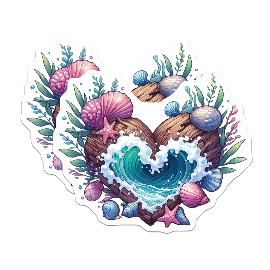 (2 Pack) Ocean Heart Magnets - Beach House Decor - Seashell Starfish Wave Art - Marine Accents - 5 Inches On Longest Side - Thick Durable Magnet - Made in USA - MAG19781