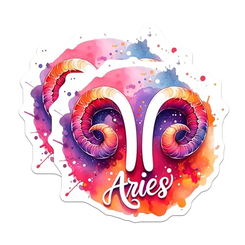 (2 Pack) Aries Zodiac Sign Stickers - Astrological Sign Art - Colorful Watercolor Sticker - 5" On Longest Side - Sticks to Smooth Flat Surfaces - Made in USA - BMCS7174