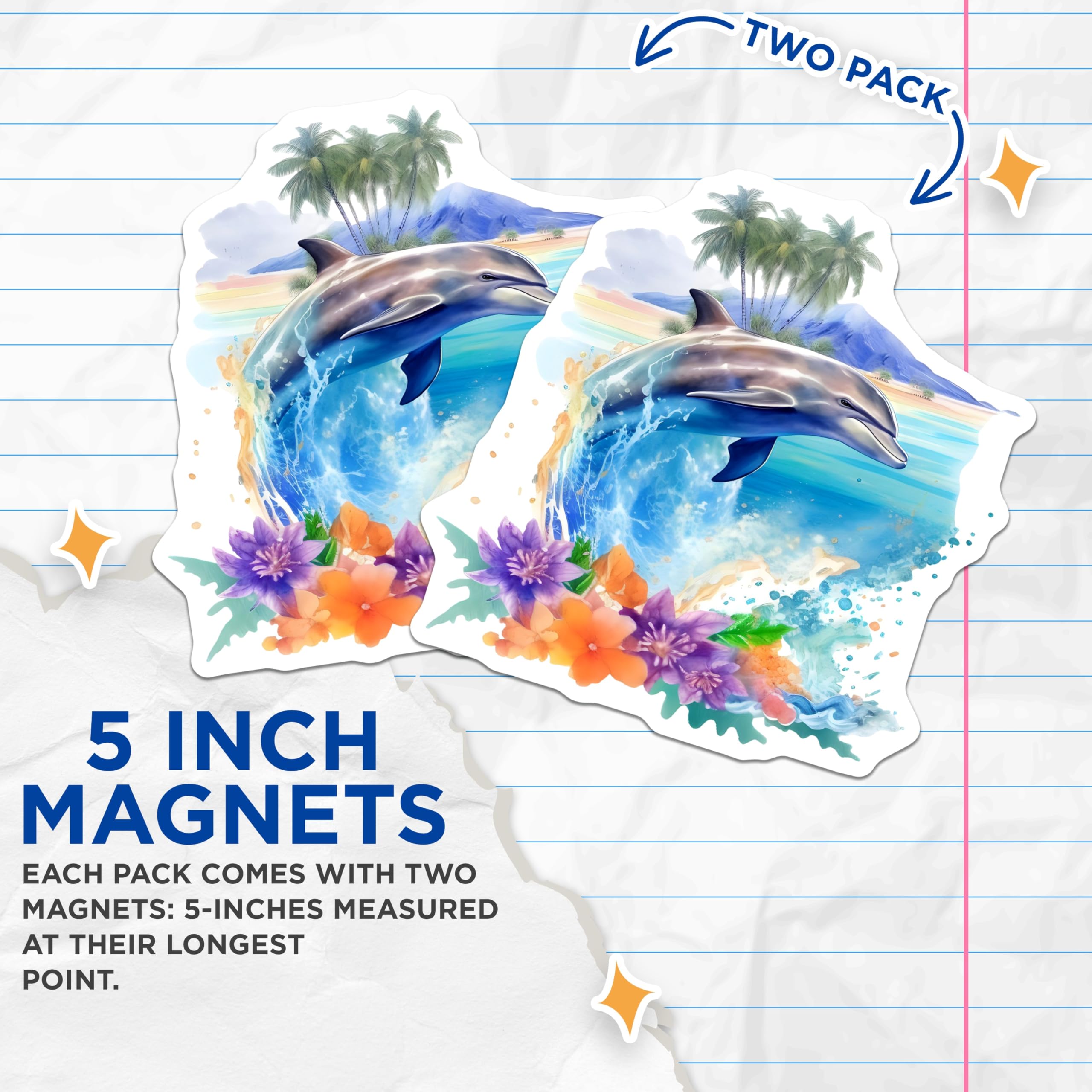 (2 Pack) Splashing Dolphin Magnets - Tropical Beach Island Paradise - Ocean Waves Art - Exotic Floral Scene - 5 Inches On Longest Side - Thick Durable Magnet - Made in USA - MAG23086