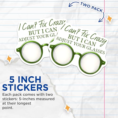 (2 Pack) I Can't Fix Crazy Stickers - Funny Quote - Humorous Glasses Decal - 5" On Longest Side - Sticks to Smooth Flat Surfaces - Made in USA - BMCS8087