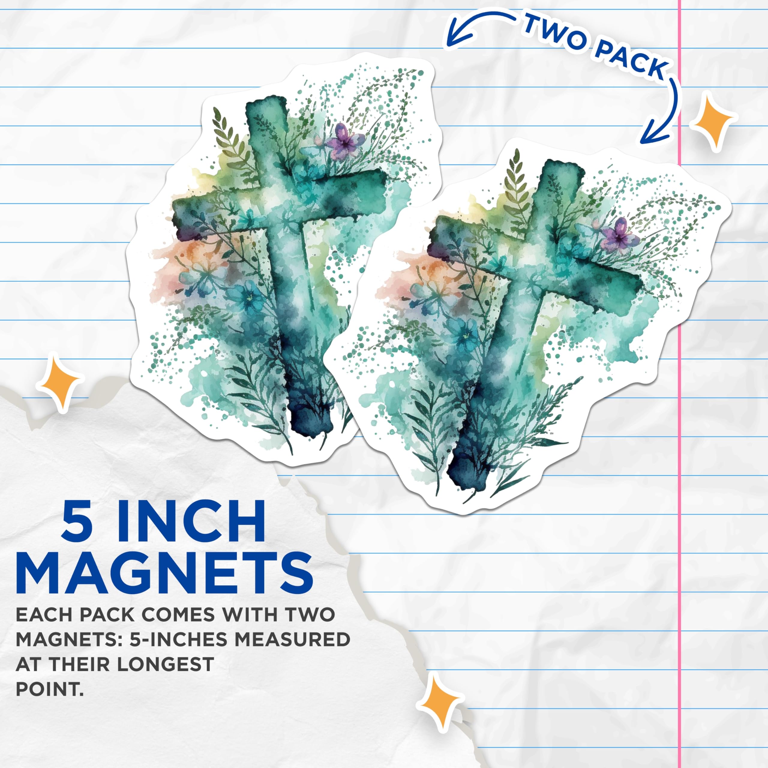 (2 Pack) Watercolor Cross Magnets - Christian Faith Art - Spiritual Home Decor - 5 Inches On Longest Side - Thick Durable Magnet - Made in USA - MAG19590