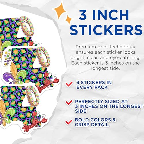 (3 Pack) Louisiana Mardi Gras Decals - Leopard Print - King Cake - Fleur de Lis - Crawfish - 3 Inches On Longest Side - Easy Peel & Apply - Made in USA - 3MCS2901
