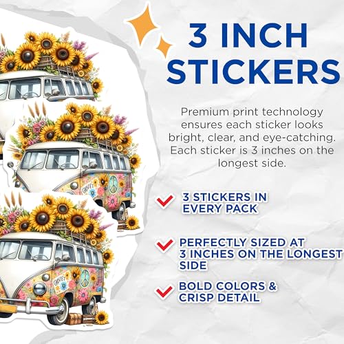 (3 Pack) Floral VW Bus Decals - Groovy Van Sticker - Sunflower Car Decals - 3 Inches On Longest Side - Easy Peel & Apply - Made in USA - 3MCS7621