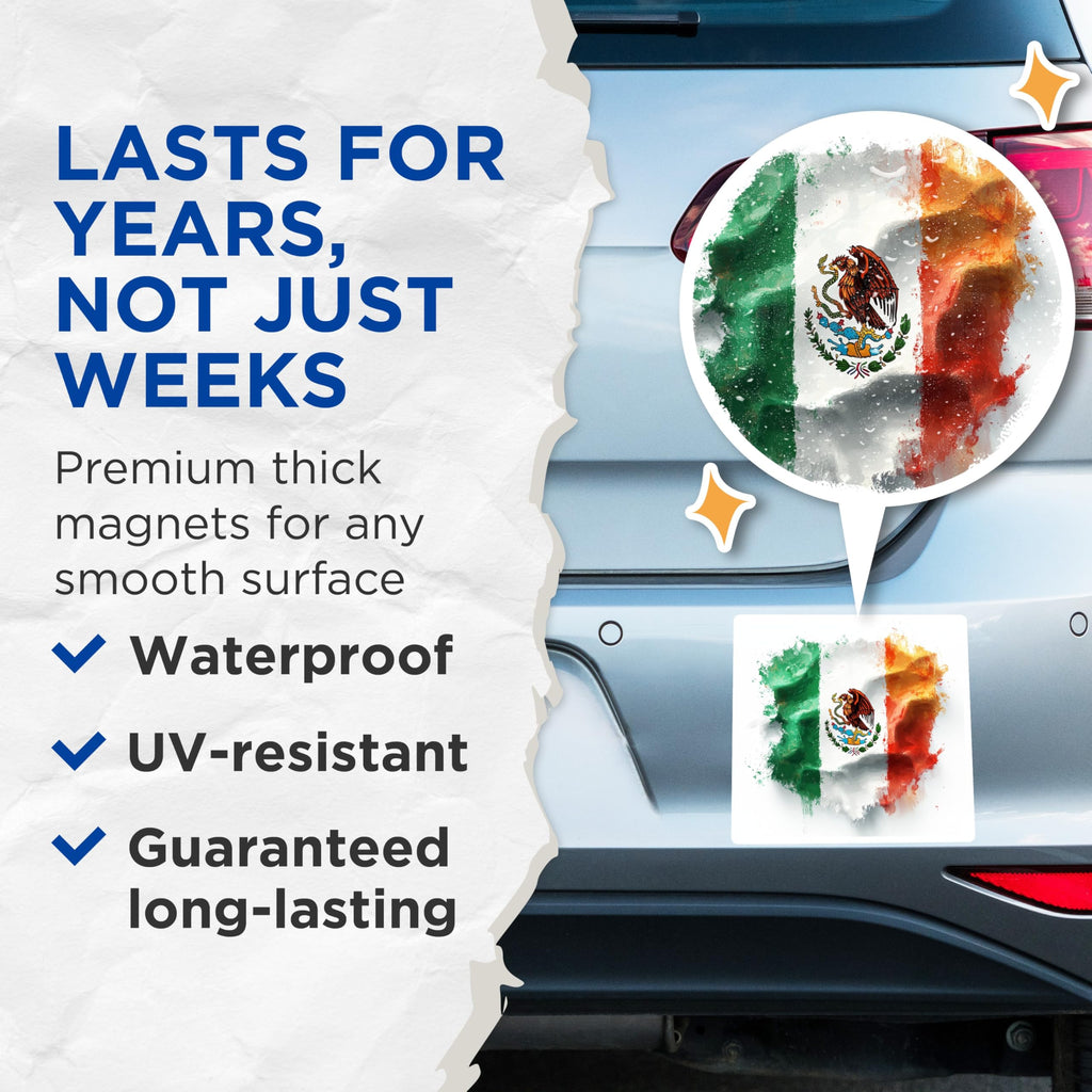 (2 Pack) Mexican Flag Magnets - Brush Stroke Design - Mexico National Symbol - Patriotic Decor - 5 Inches On Longest Side - Thick Durable Magnet - Made in USA - MAG25351