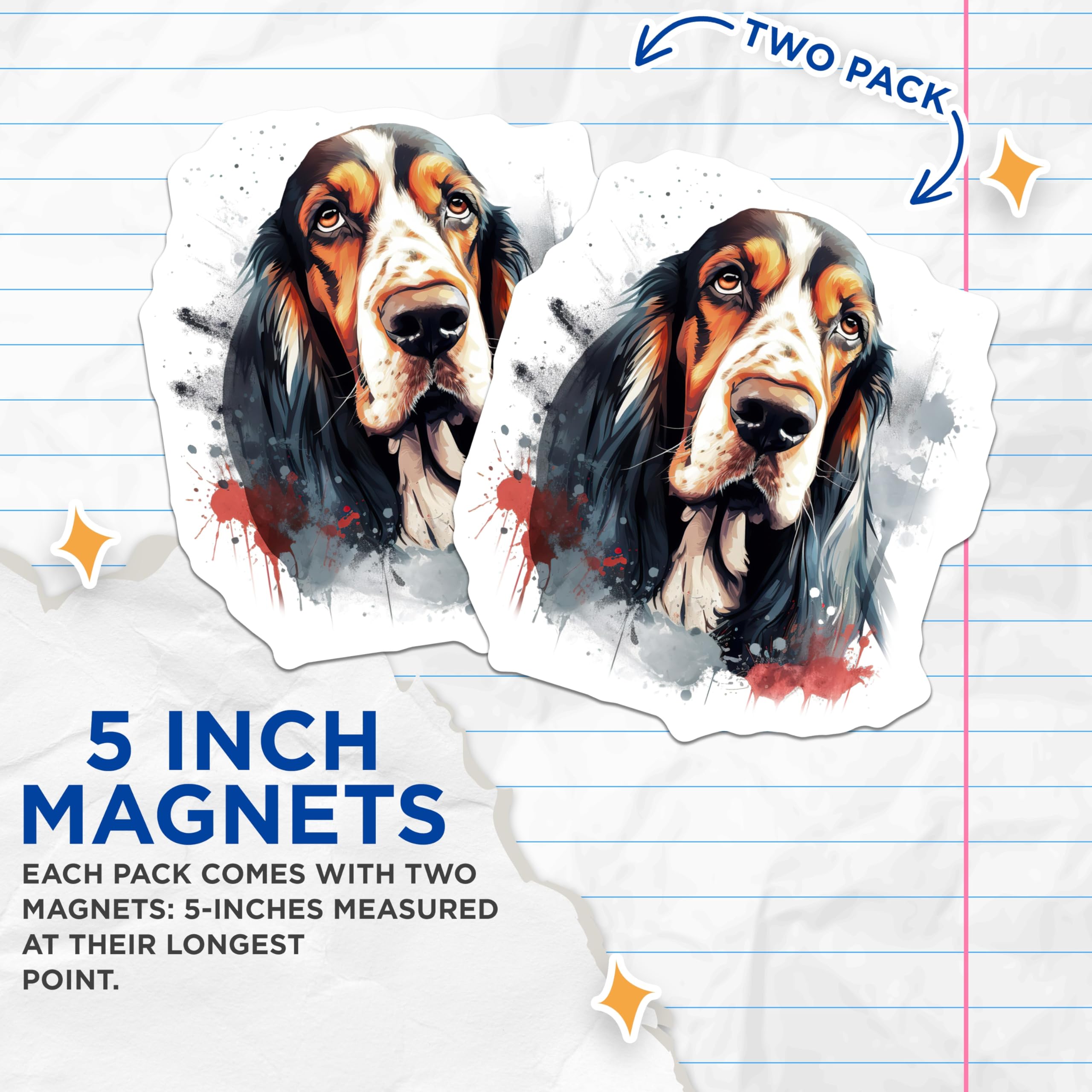 (2 Pack) Basset Hound Magnets - Watercolor Dog Art - Pet Lover Fridge Decor - 5 Inches On Longest Side - Thick Durable Magnet - Made in USA - MAG25414