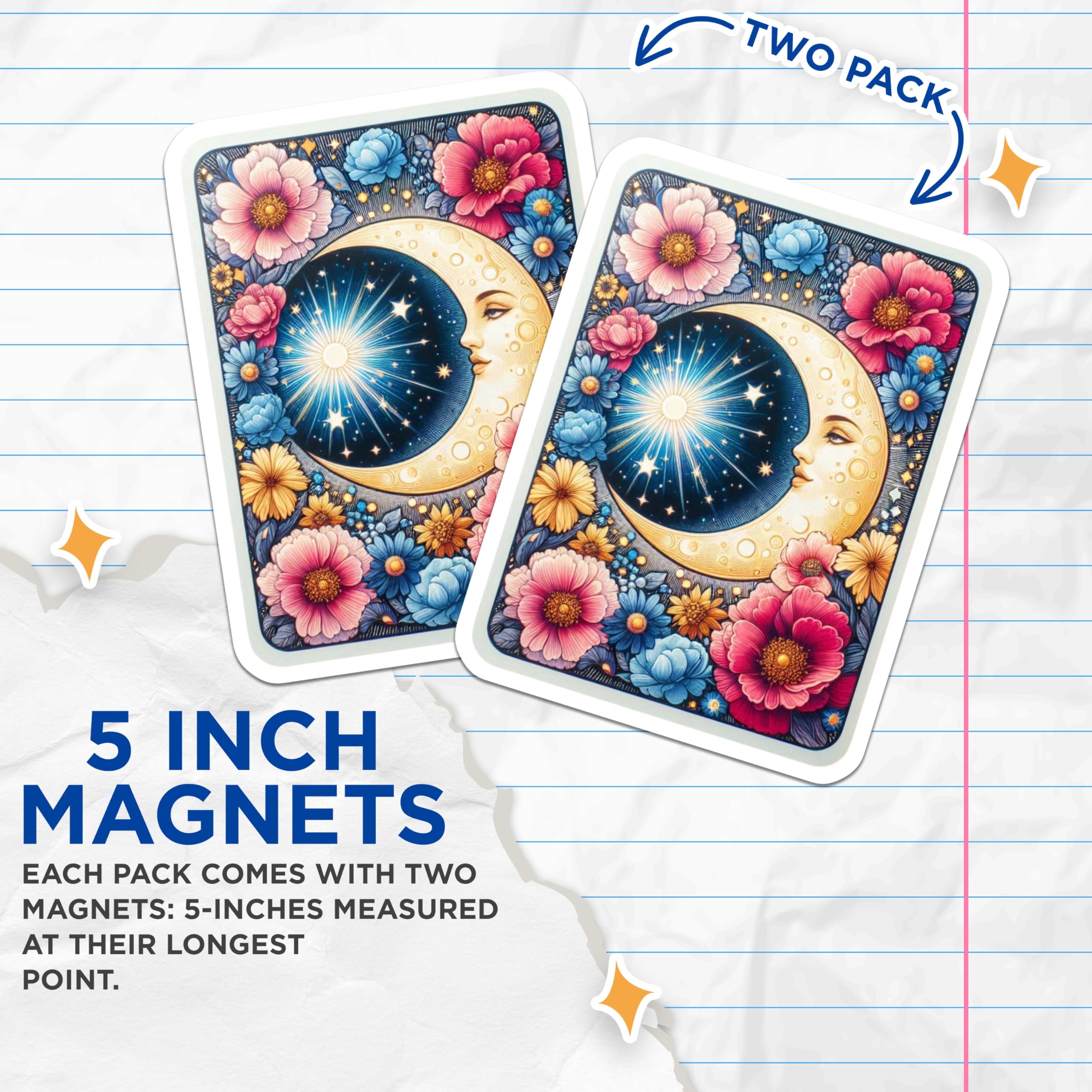 (2 Pack) Celestial Moon Magnets - Whimsical Floral Design - Starry Night Decor - 5 Inches On Longest Side - Thick Durable Magnet - Made in USA - MAG21193