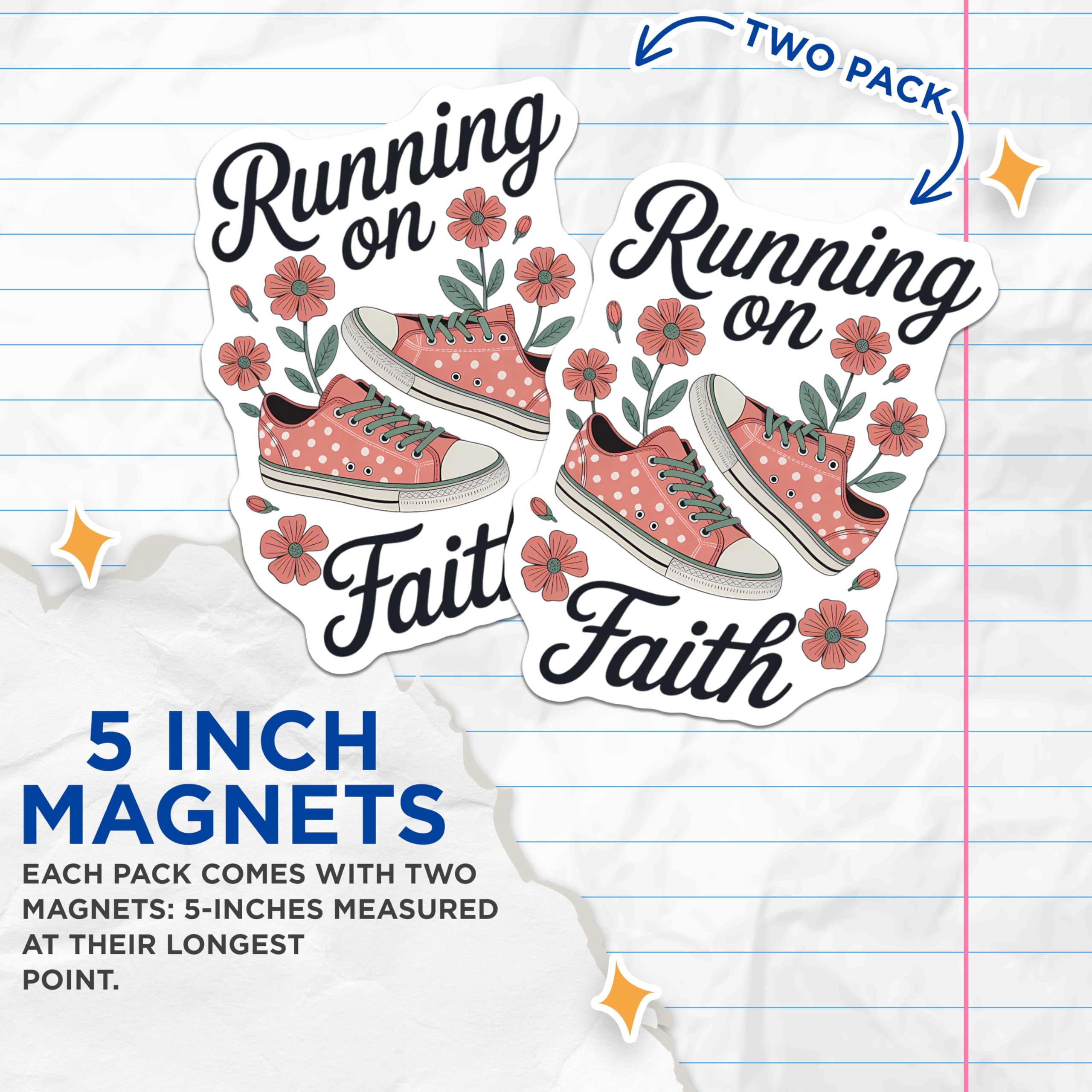 (2 Pack) Running on Faith Magnets - Christian Inspirational Decor - Religious Scripture Art - Polka Dot Sneakers - 5 Inches On Longest Side - Thick Durable Magnet - Made in USA - MAG20625