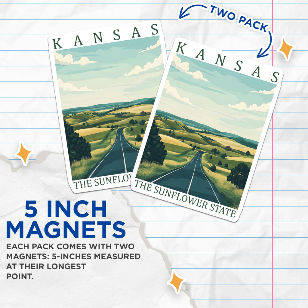 (2 Pack) Kansas State Magnets - The Sunflower State Scenic Travel Art - Rolling Hills Prairie Road Trip Landscape Decor - 5 Inches On Longest Side - Thick Durable Magnet - Made in USA - MAG19435