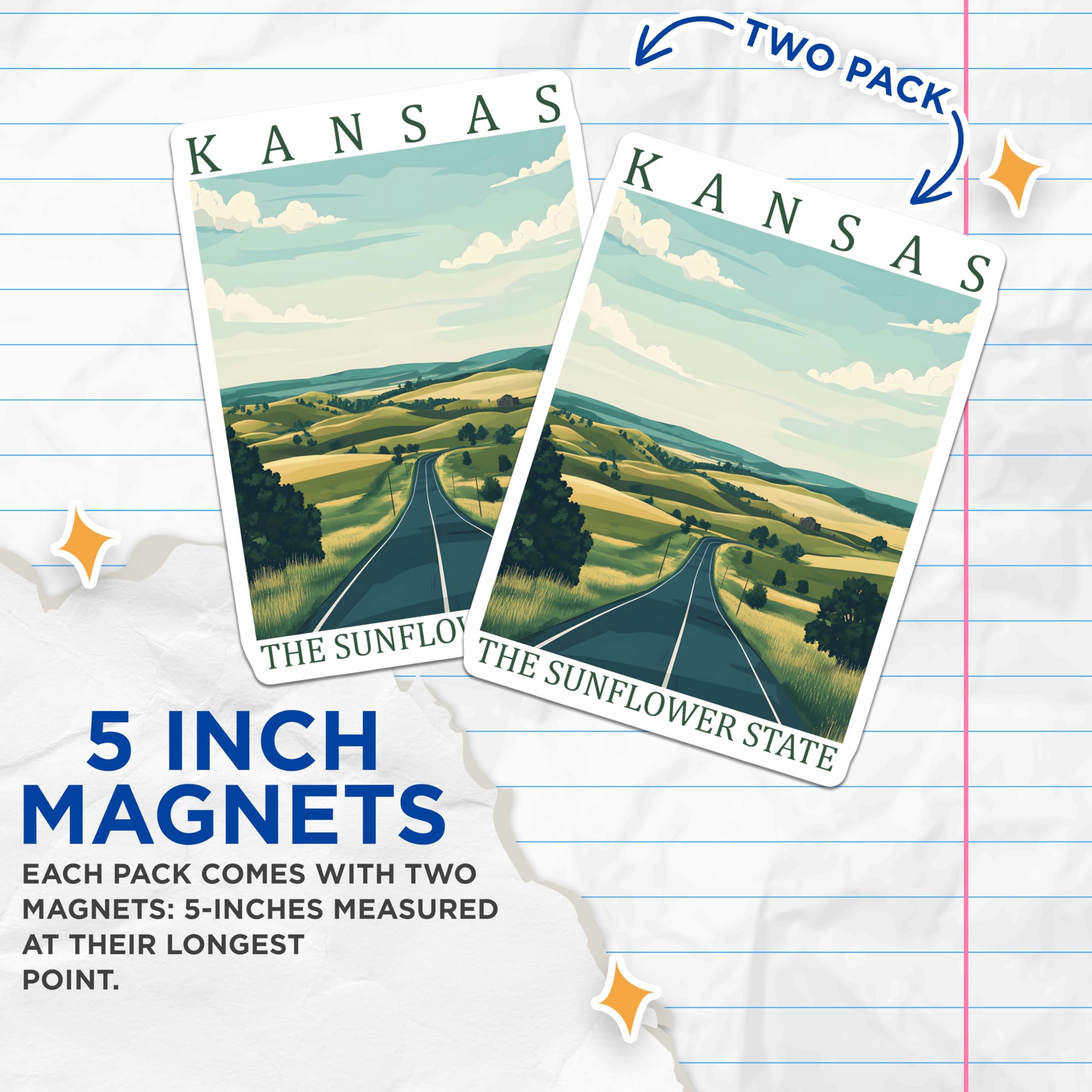 (2 Pack) Kansas State Magnets - The Sunflower State Scenic Travel Art - Rolling Hills Prairie Road Trip Landscape Decor - 5 Inches On Longest Side - Thick Durable Magnet - Made in USA - MAG19435