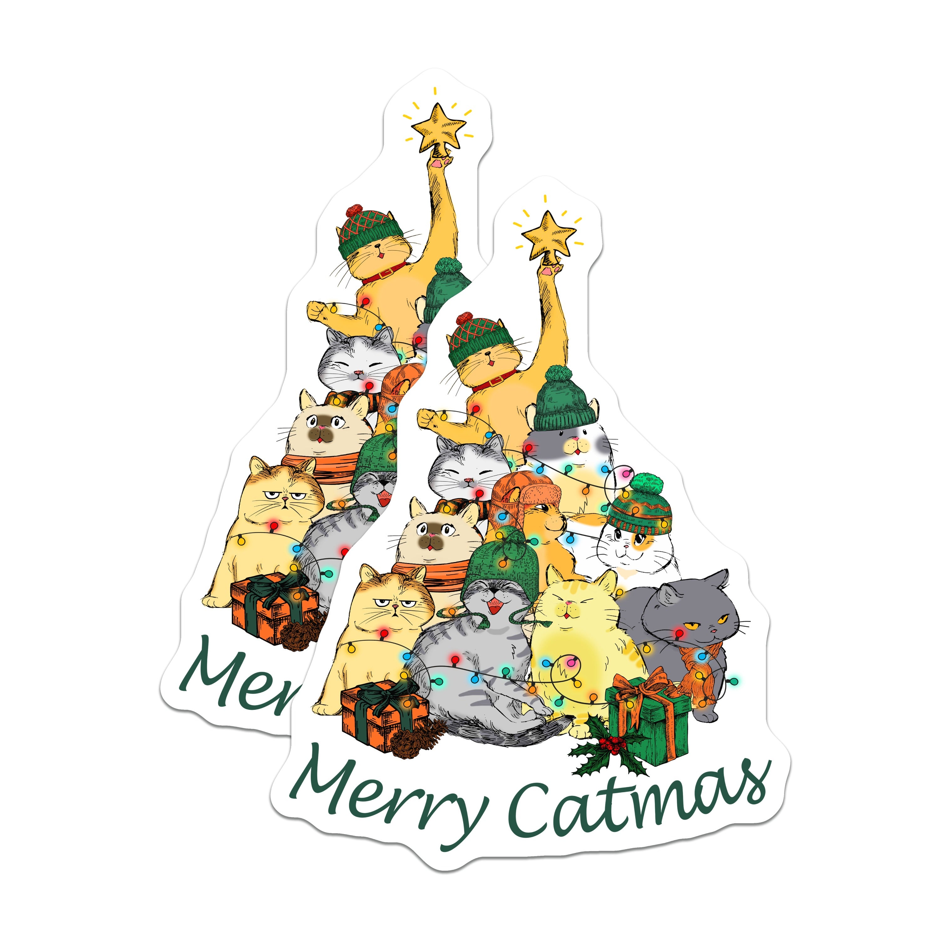 (2 Pack) Merry Catmas Magnets - Cute Cat Holiday Decor - Feline Christmas Refrigerator - Fun Pet Lover Present - 5 Inches On Longest Side - Thick Durable Magnet - Made in USA - MAG37141